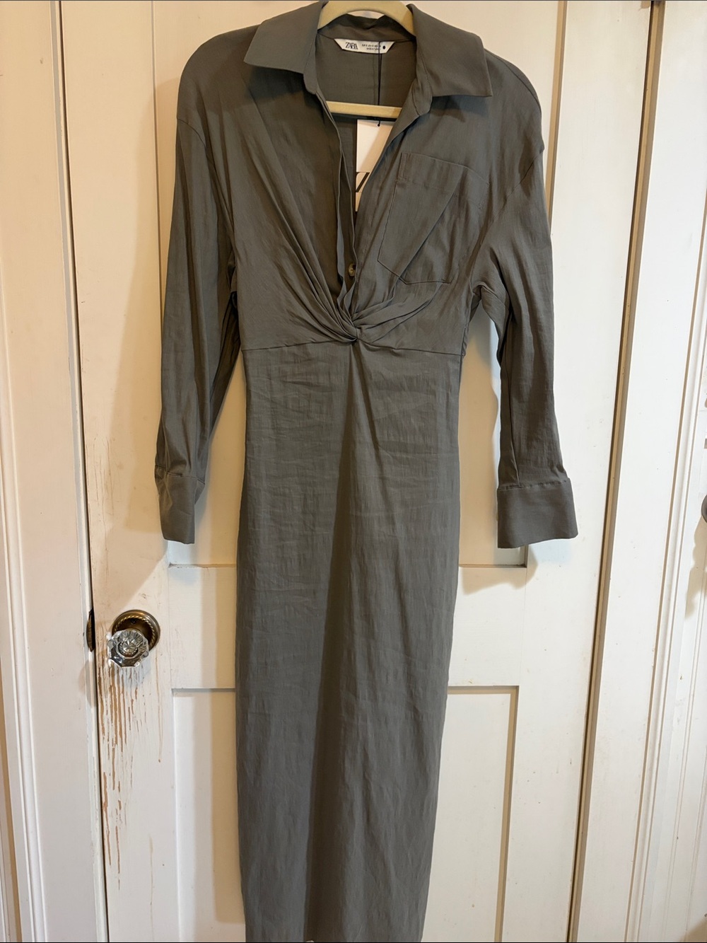 NWT Zara Olive Green Twist-Front Long Sleeve Midi Dress